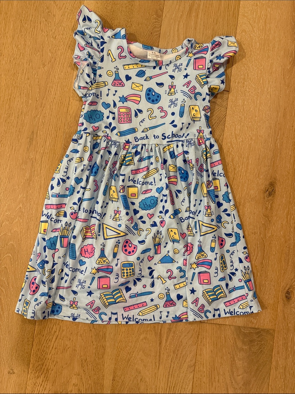 NWOT Girls' Light Blue Back to School Print Flutter-Sleeve Dress size 6-7